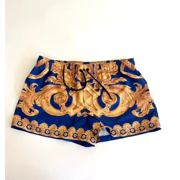 Authentic Versace Gold Baroque Heritage Print Swim Trunks Royal Blue Men's Sz M - Picture 1 of 11